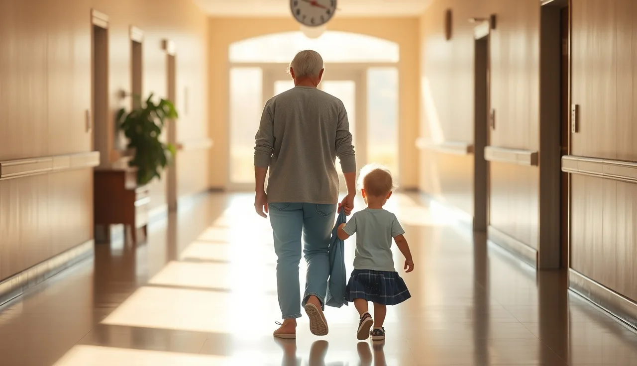Parent with two children walking through a sunlit community center hallway