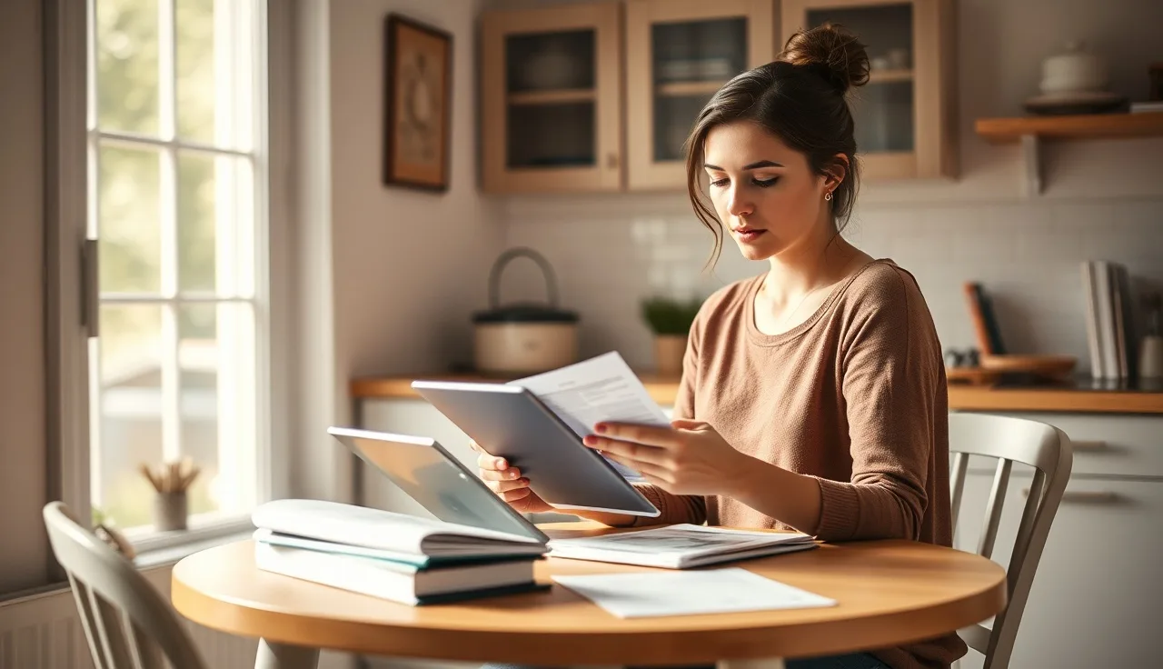 Small home daycare provider reviewing enrollment paperwork and tablet at kitchen table