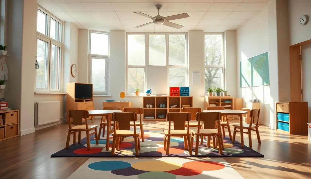 Empty licensed daycare classroom with small chairs and morning window light