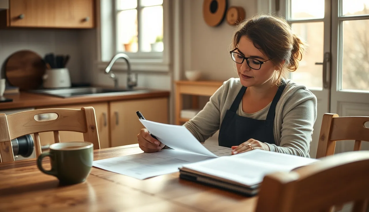 Daycare provider reviewing enrollment contract paperwork at a kitchen table