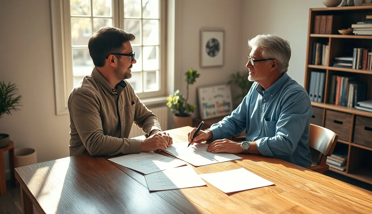 Two adults reviewing a childcare enrollment agreement at a home office desk