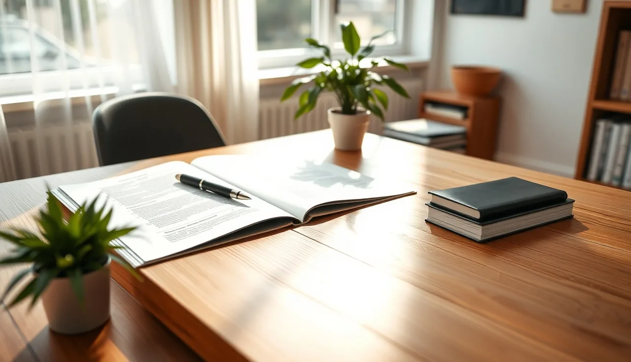 Daycare enrollment contract folder open on a home office desk in morning light