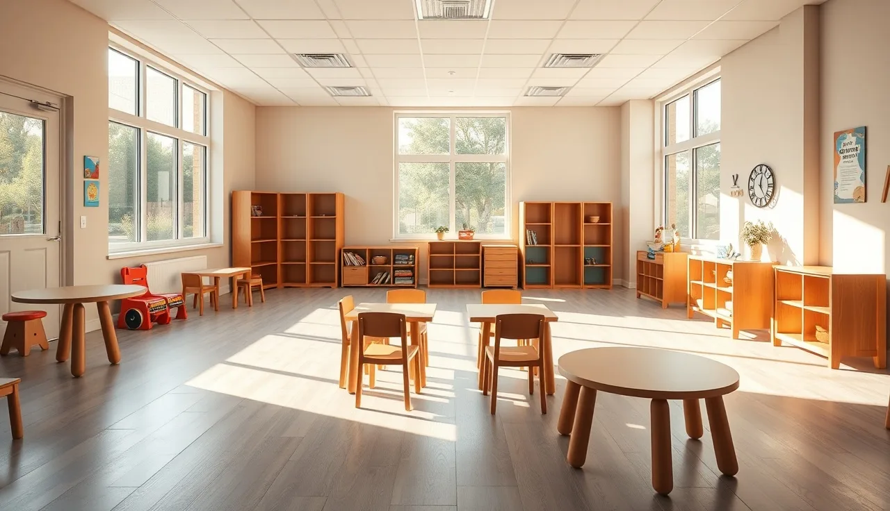 Empty licensed childcare center common room with natural morning light and small wooden chairs