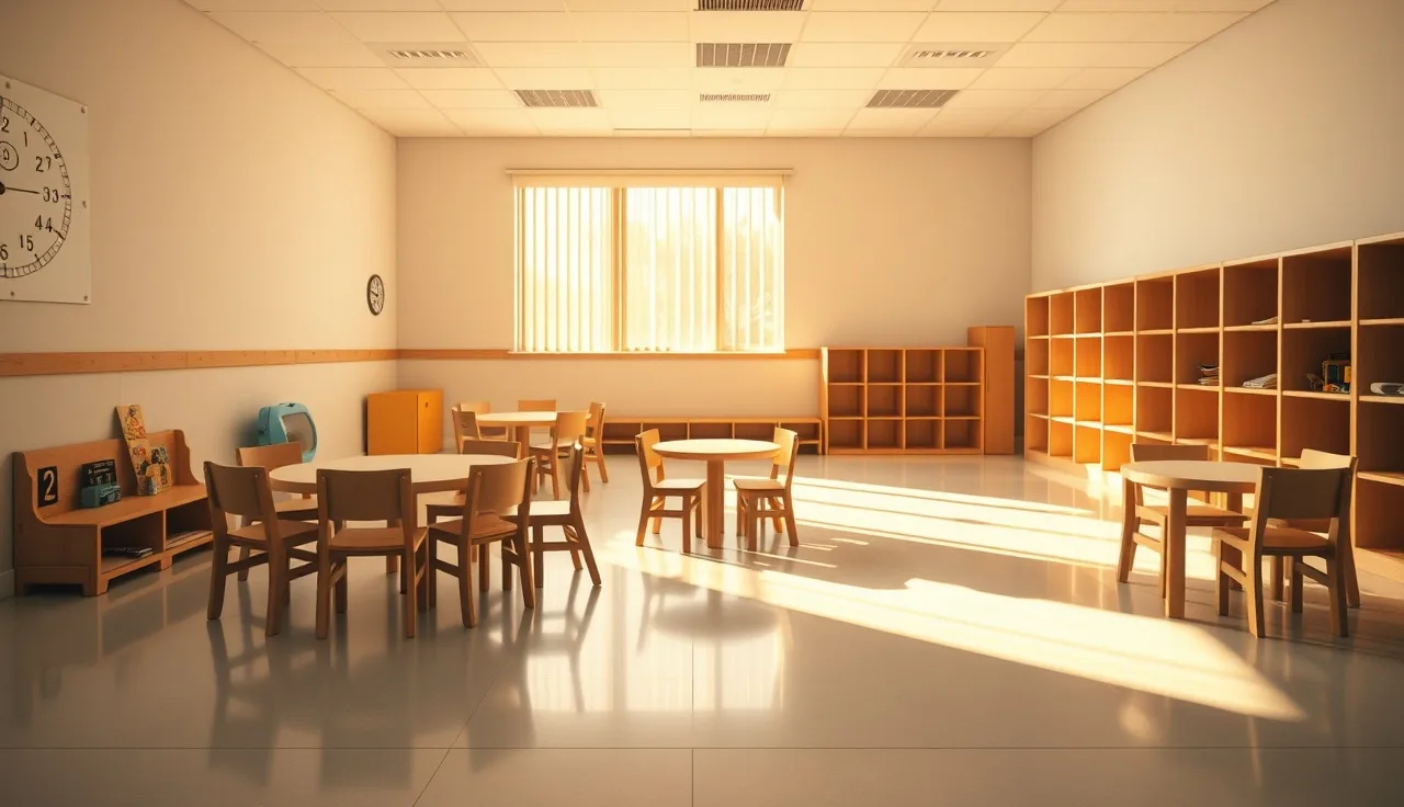 Empty childcare classroom with small wooden chairs at morning light