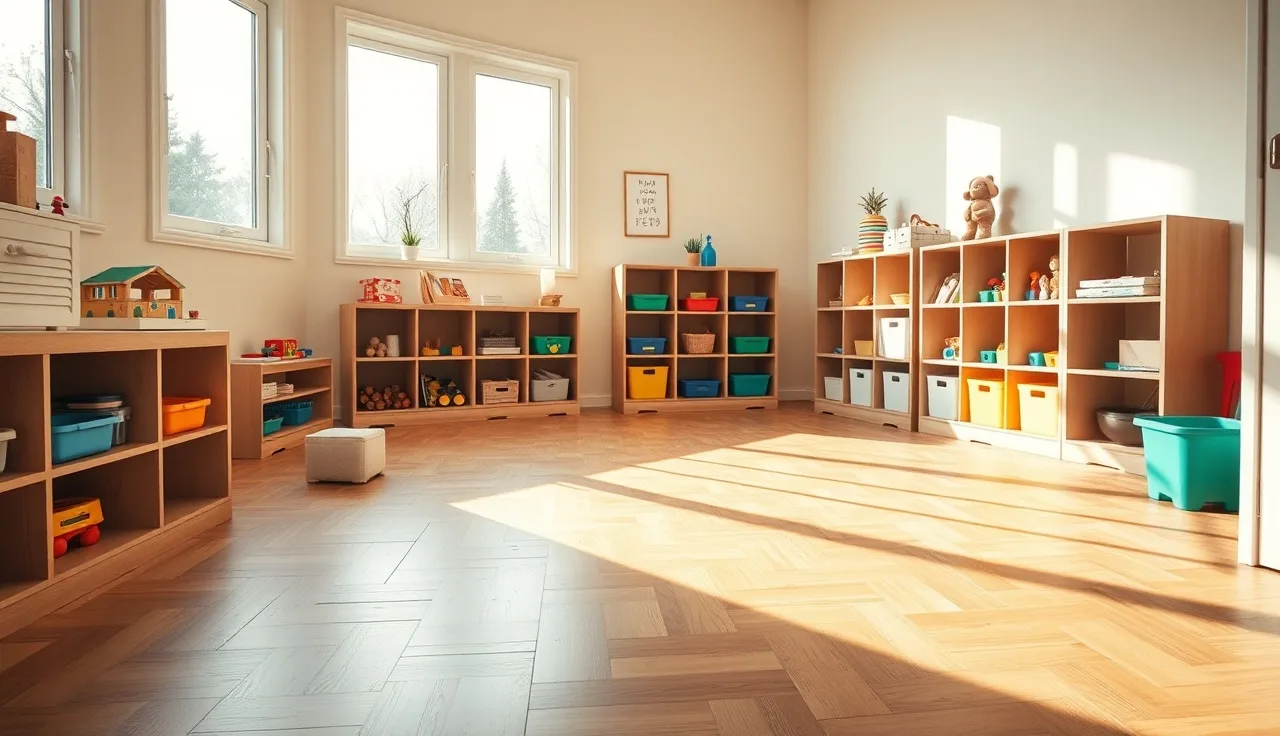 Bright organized home daycare playroom with toy shelves and morning sunlight