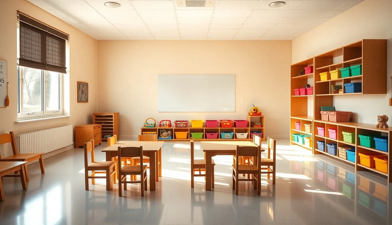 Empty daycare classroom with small chairs and shelves of toys in morning light