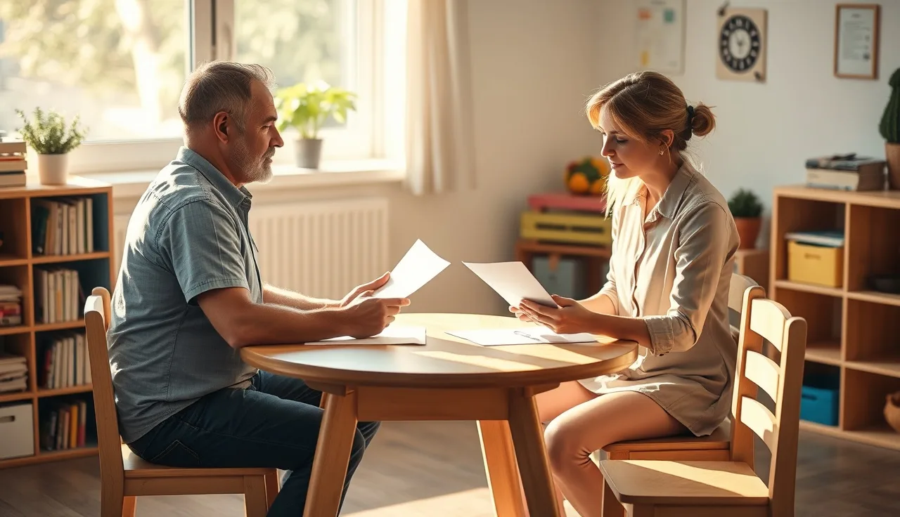 Parent and daycare director reviewing contract documents at a small office table