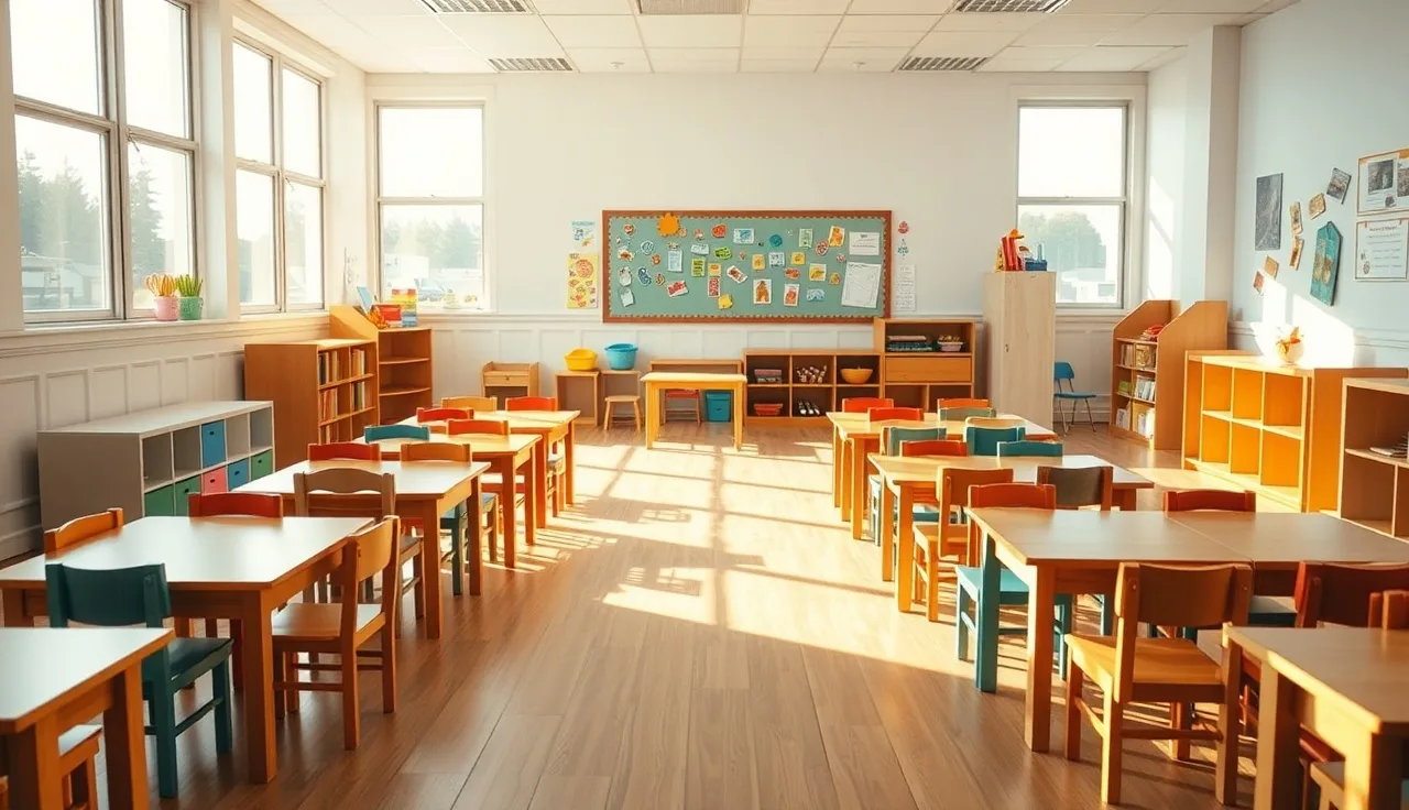 Empty licensed daycare classroom with wooden tables, chairs, and children's artwork on walls