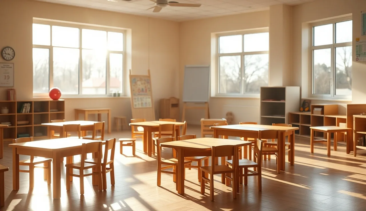 Empty sunlit childcare classroom with wooden tables and chairs ready for children