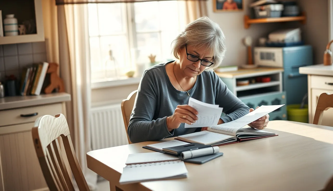 Home daycare provider organizing business expense receipts at kitchen table