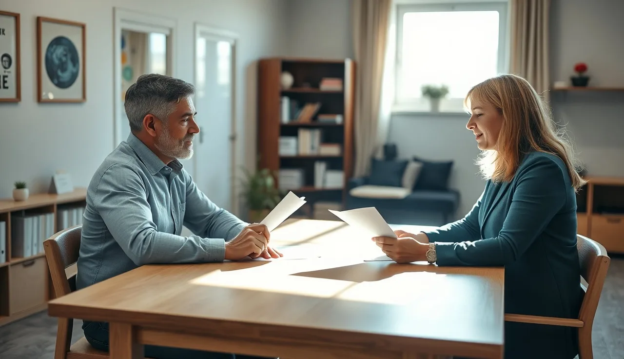 Parent and daycare director reviewing enrollment contract papers at a table