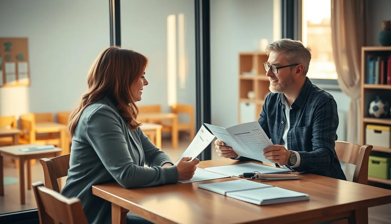 Childcare director and business coach reviewing financial documents at a table