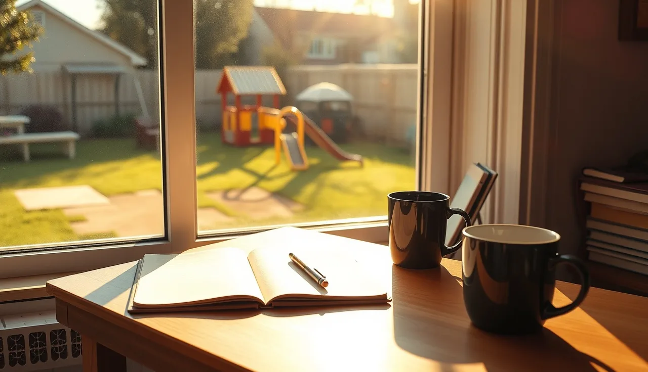 Small office desk with notebook and coffee mug beside a window overlooking a children's playground