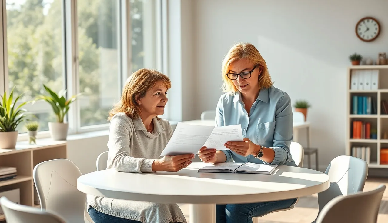 A childcare business consultant reviewing documents with a daycare center director