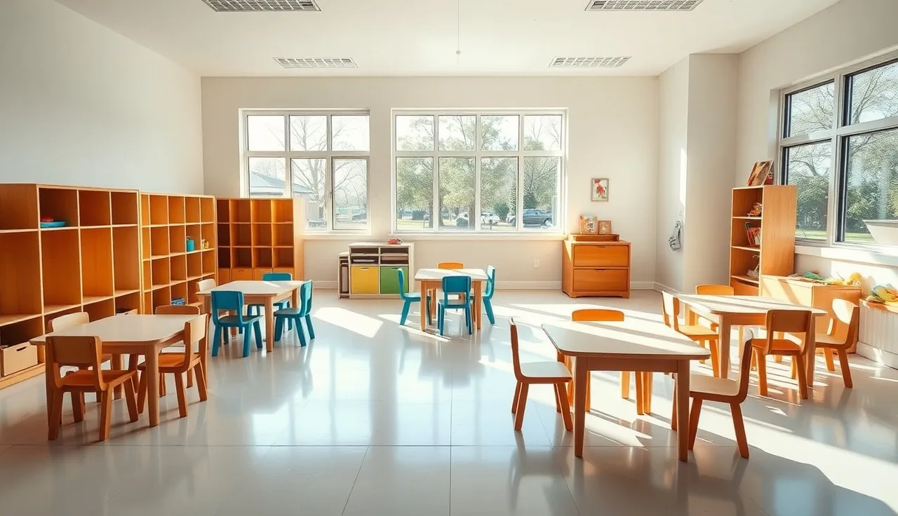 Sunlit childcare center playroom with small tables, chairs, and cubbies along the wall