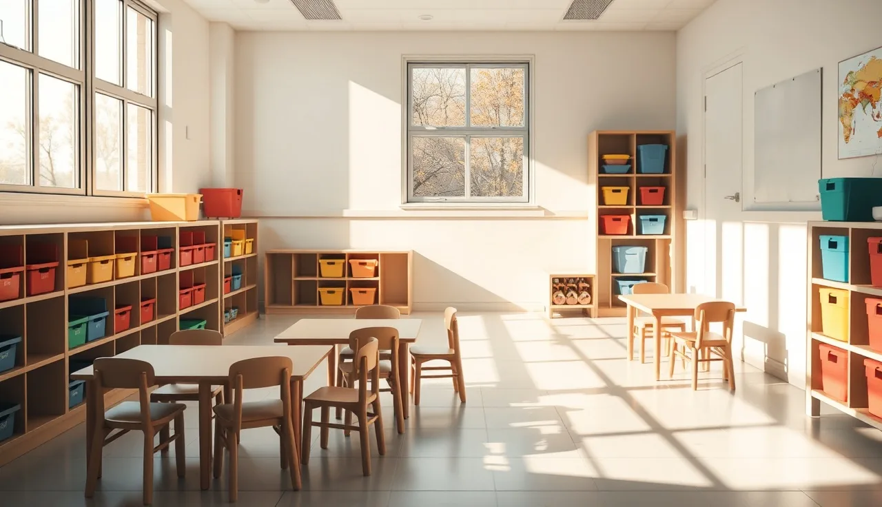 Empty licensed daycare classroom with small chairs and morning light, representing childcare business funding