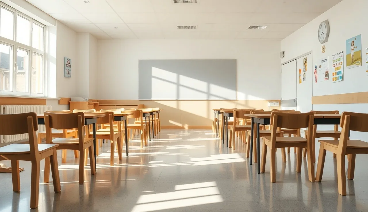 Empty licensed childcare classroom interior with small chairs and morning sunlight