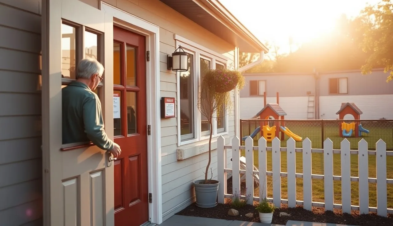 Childcare center owner opening the front door on a sunny morning with playground visible