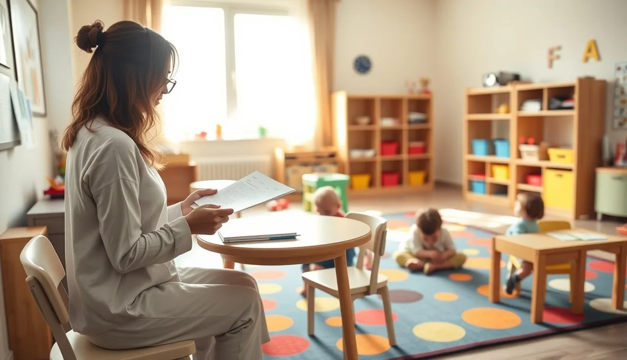 Childcare center director reviewing business documents while children play nearby