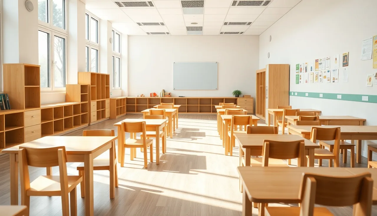 Empty preschool classroom with wooden tables and chairs ready for childcare business operations