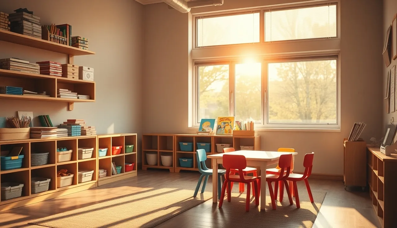 Empty childcare classroom with wooden shelves and small tables in morning light