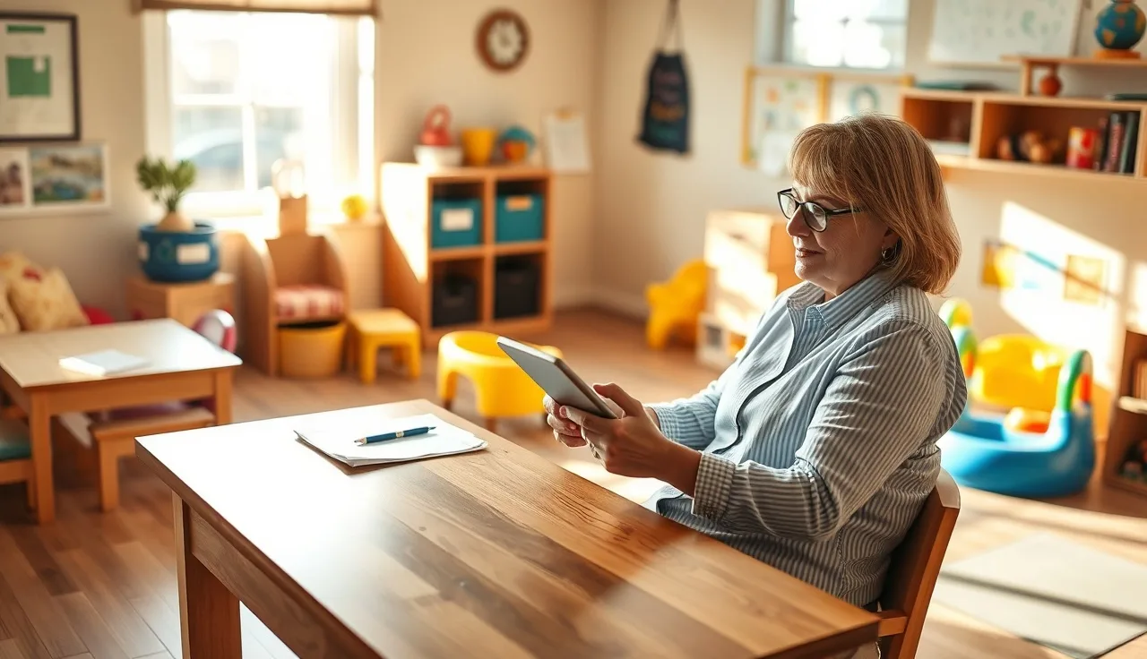 Daycare director reviewing childcare business software on a tablet at her desk