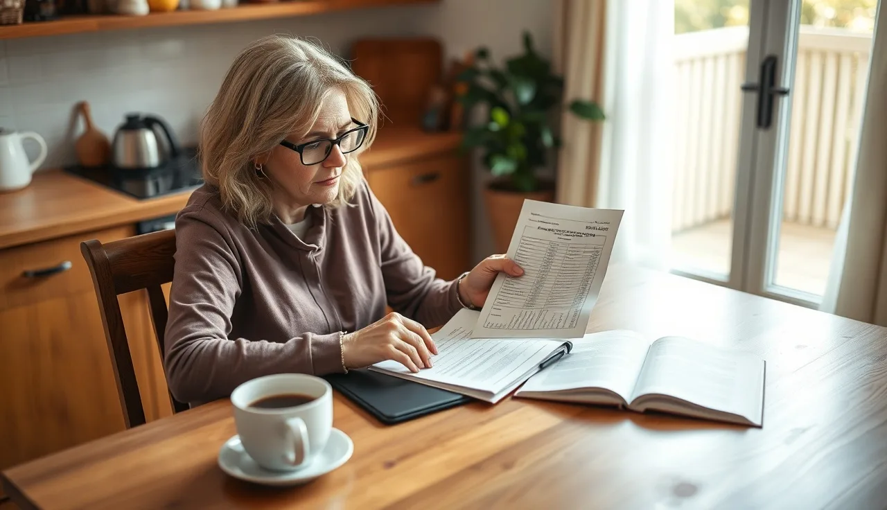 Childcare provider reviewing business planning worksheets at a kitchen table