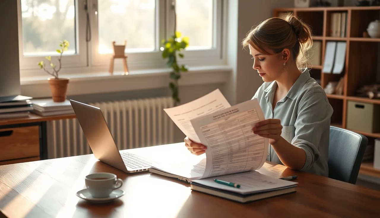 Childcare administrator reviewing subsidy attendance records at a desk in a sunlit office