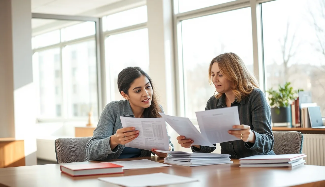 Caseworker and mother reviewing childcare subsidy paperwork at a county office