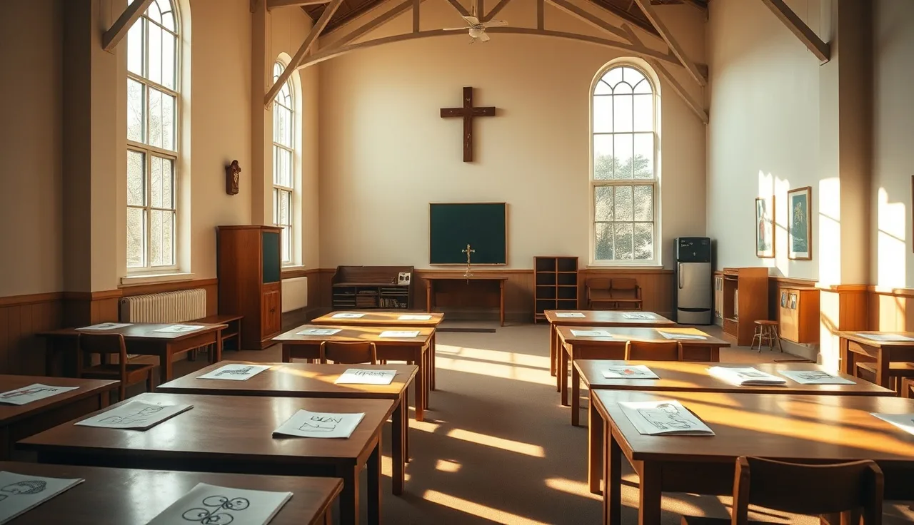 Small Christian daycare classroom with low tables, crayon art, and morning sunlight