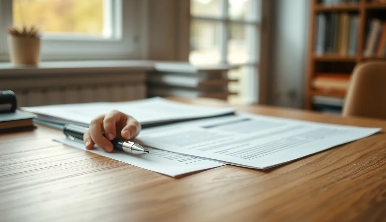 Pen and enrollment forms on a table in a home daycare office