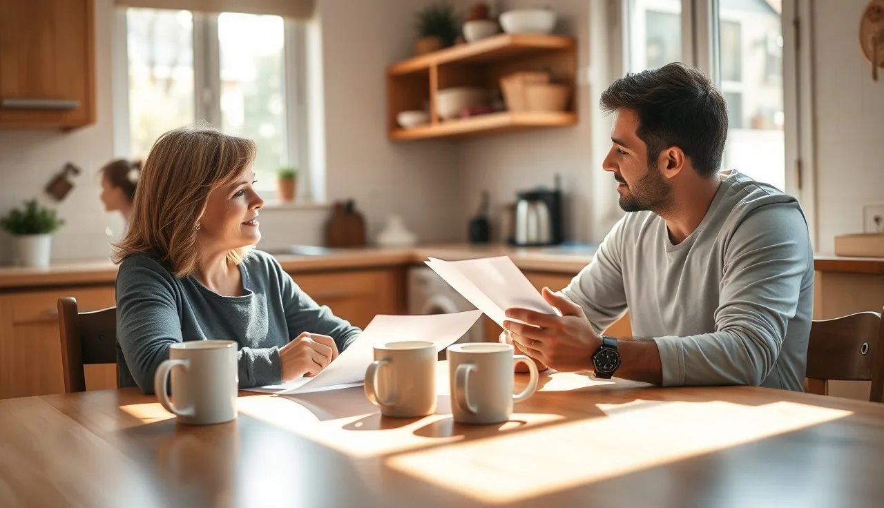 Daycare provider and parent reviewing a daycare contract at a kitchen table