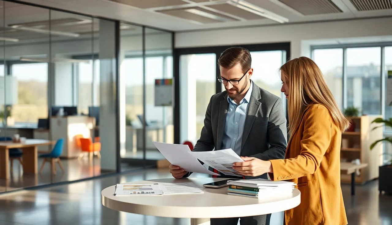 Two adults reviewing a daycare contract in a corporate office building