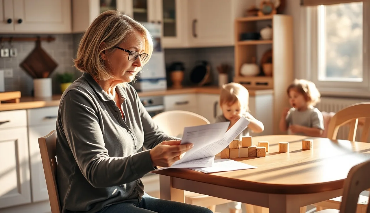 Daycare provider reviewing contract paperwork at kitchen table with children nearby