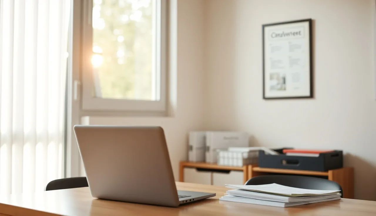 Daycare administrator desk with laptop and enrollment folders, soft afternoon light
