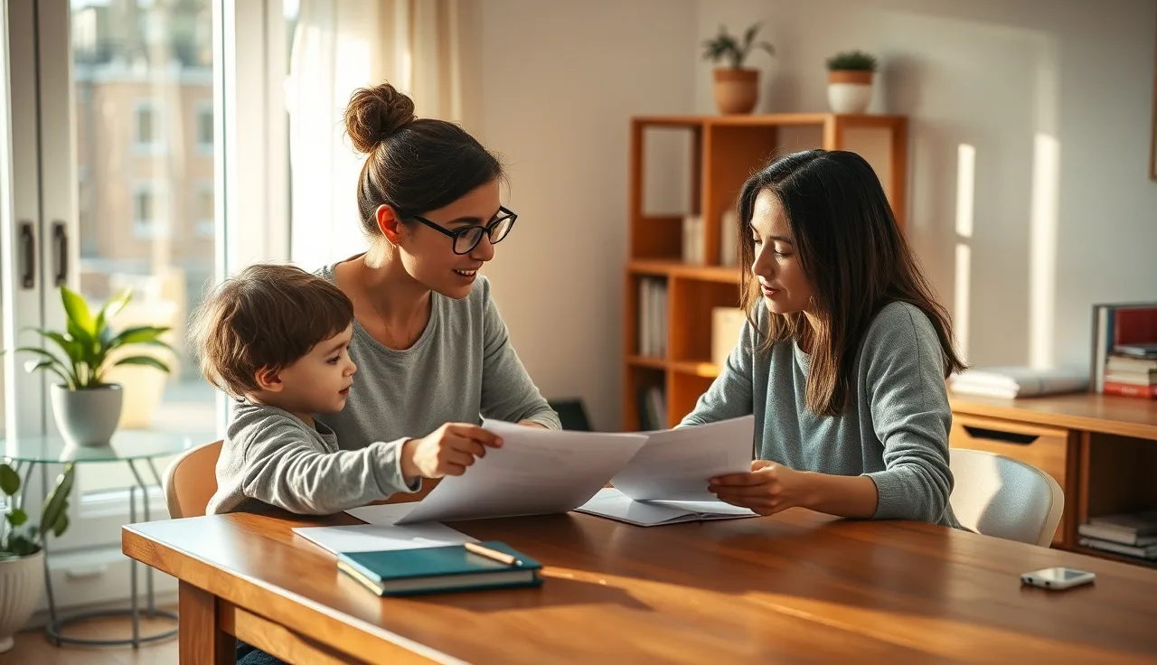 Provider and parent reviewing a daycare enrollment agreement at a wooden table