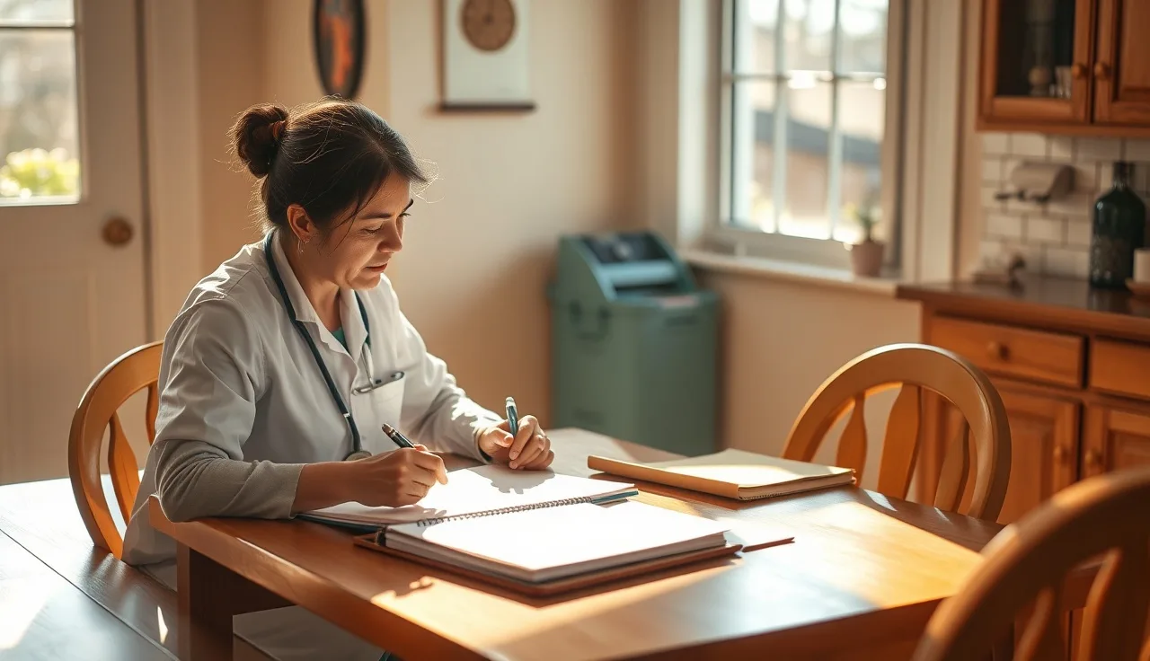 Home daycare provider reviewing a business plan at a kitchen table