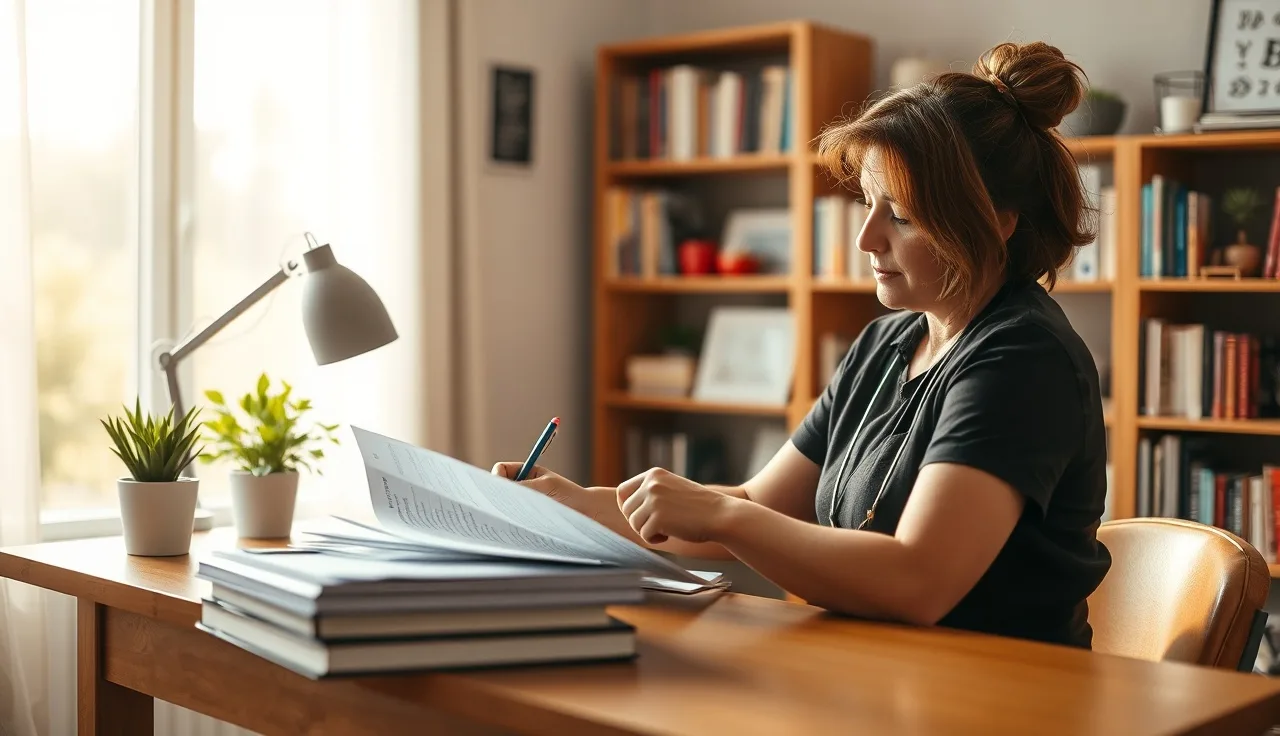 Childcare provider reviewing daycare contract addendum documents at a desk