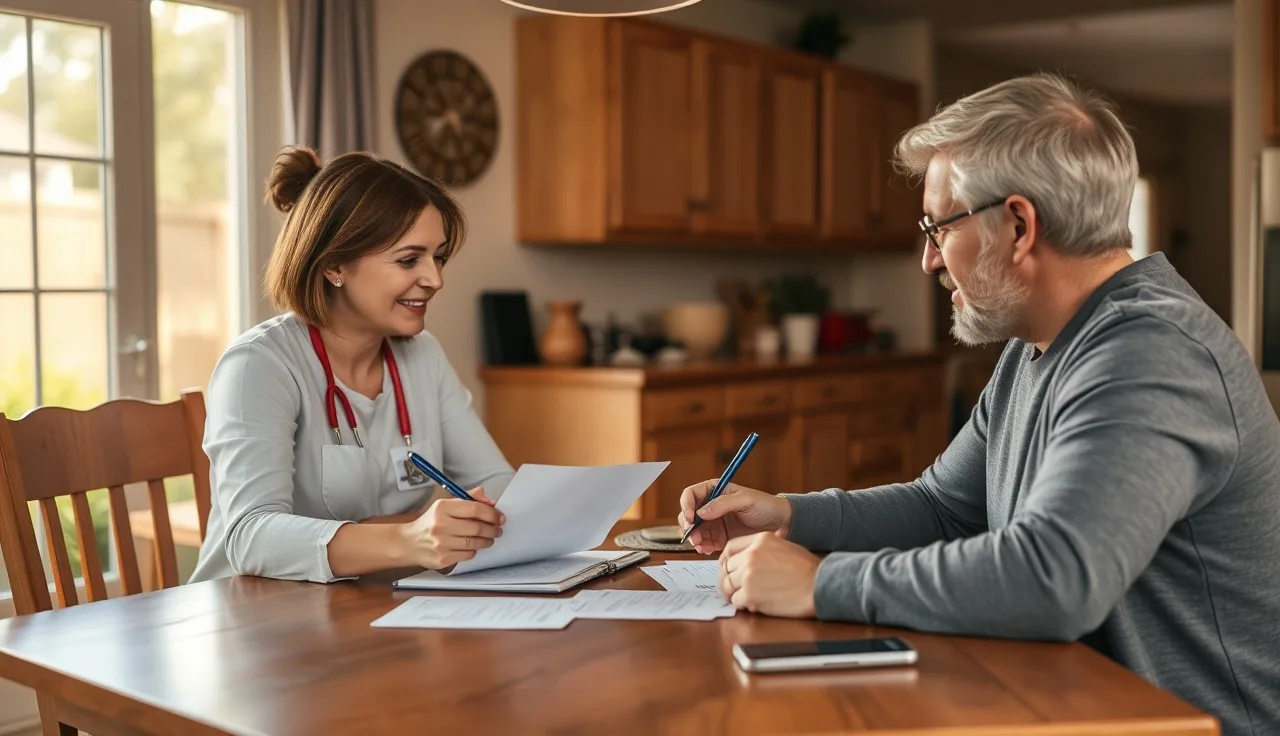 Daycare provider and parent reviewing a contract amendment at a kitchen table