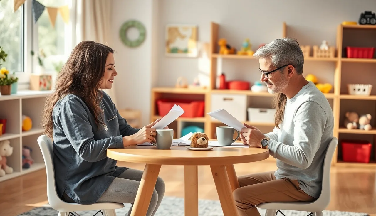 Provider and parent reviewing daycare enrollment paperwork at a table in a home playroom