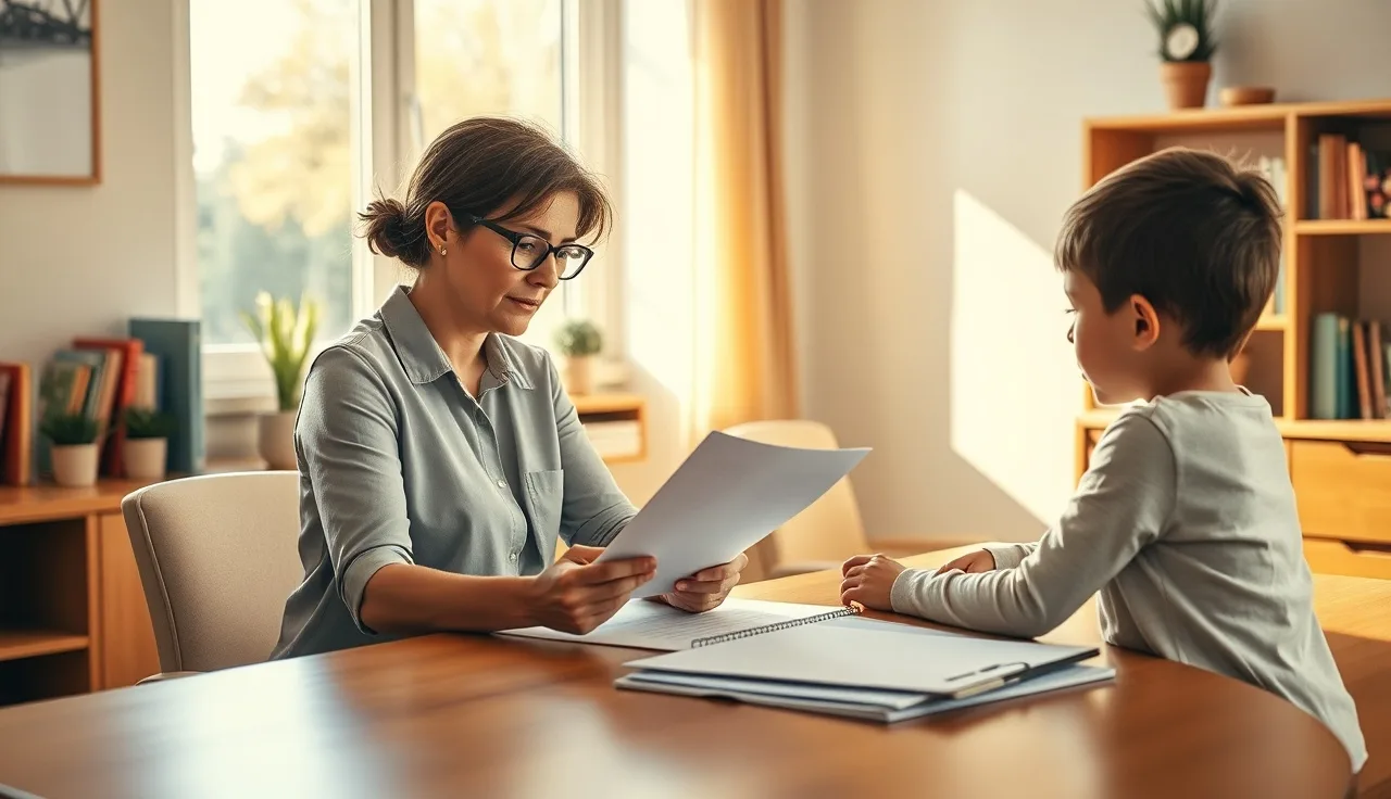 Childcare director and parent reviewing a daycare enrollment contract at a desk