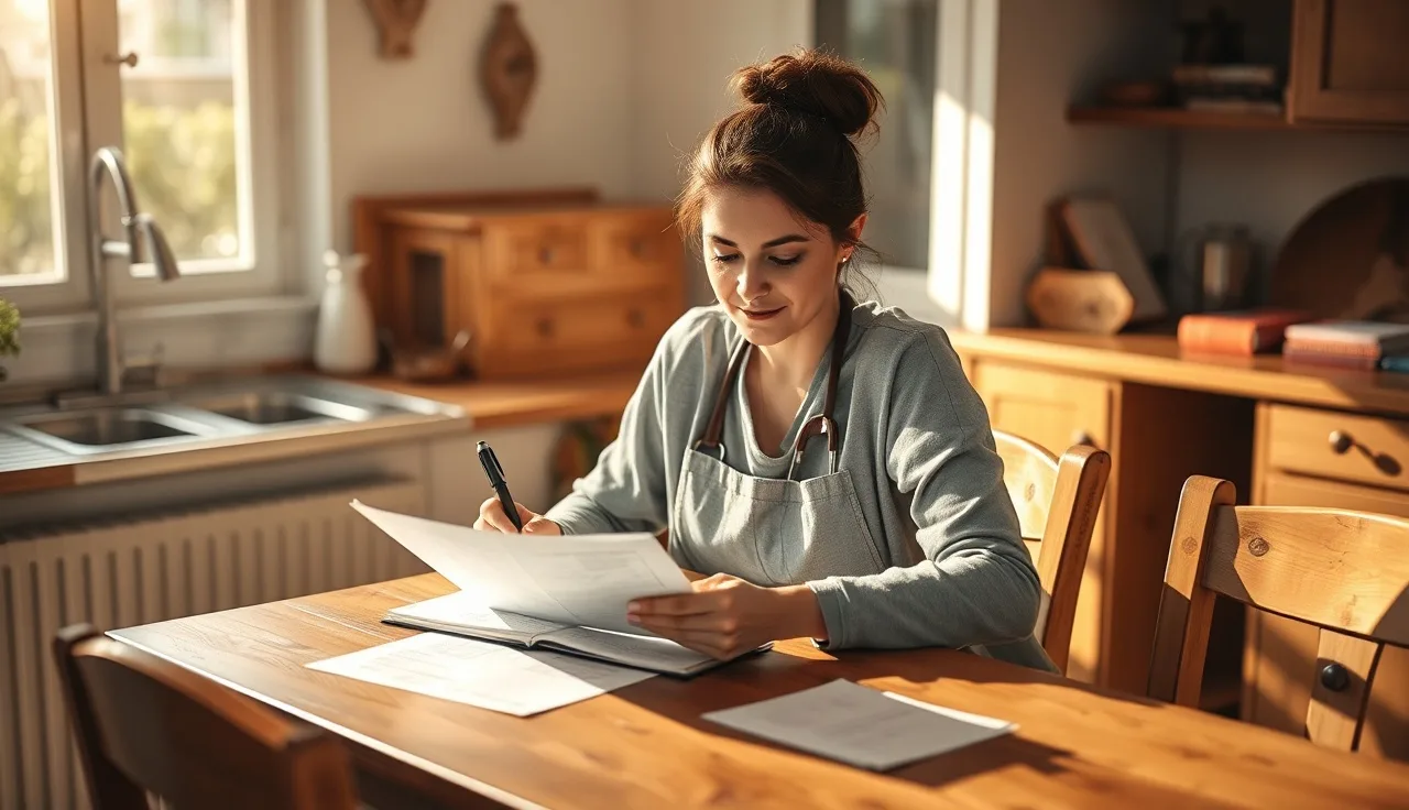 Childcare provider reviewing daycare enrollment contract documents at a kitchen table