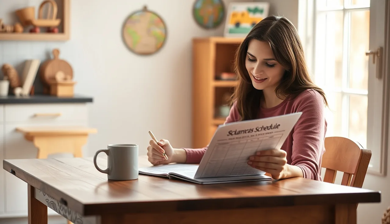 Daycare provider reviewing contract hours schedule at a home daycare table