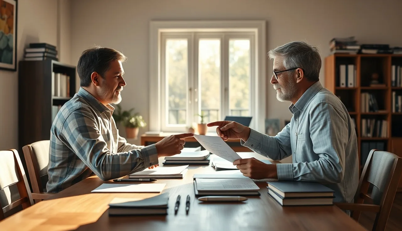 Two adults reviewing a daycare enrollment contract at a sunlit desk