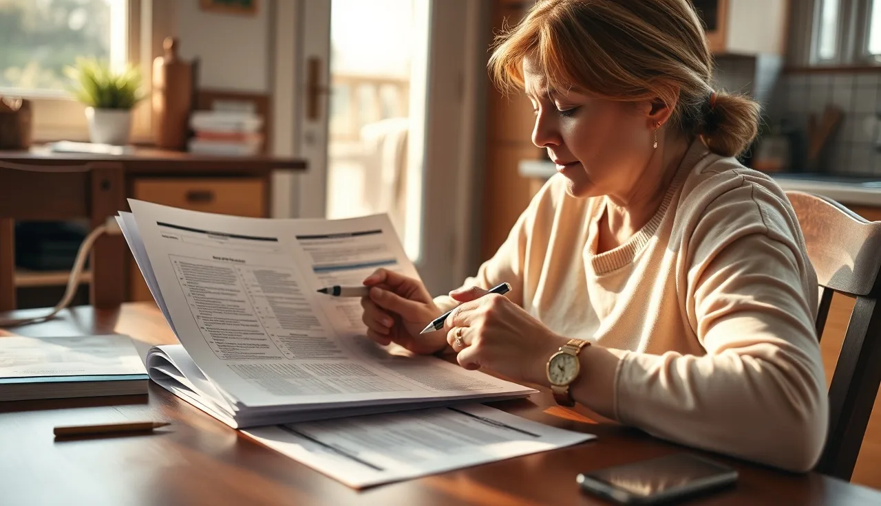 Daycare provider reviewing a printed contract at a kitchen table in afternoon light