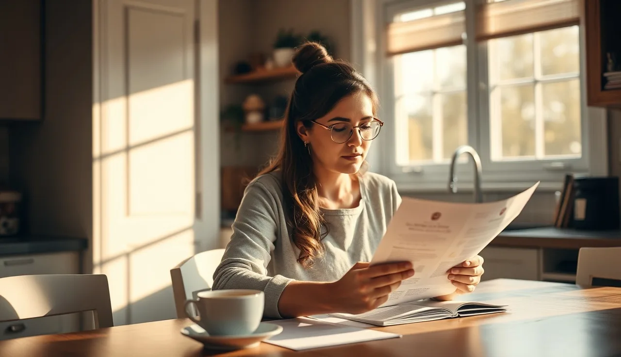 Childcare provider reviewing daycare contract pages at a kitchen table