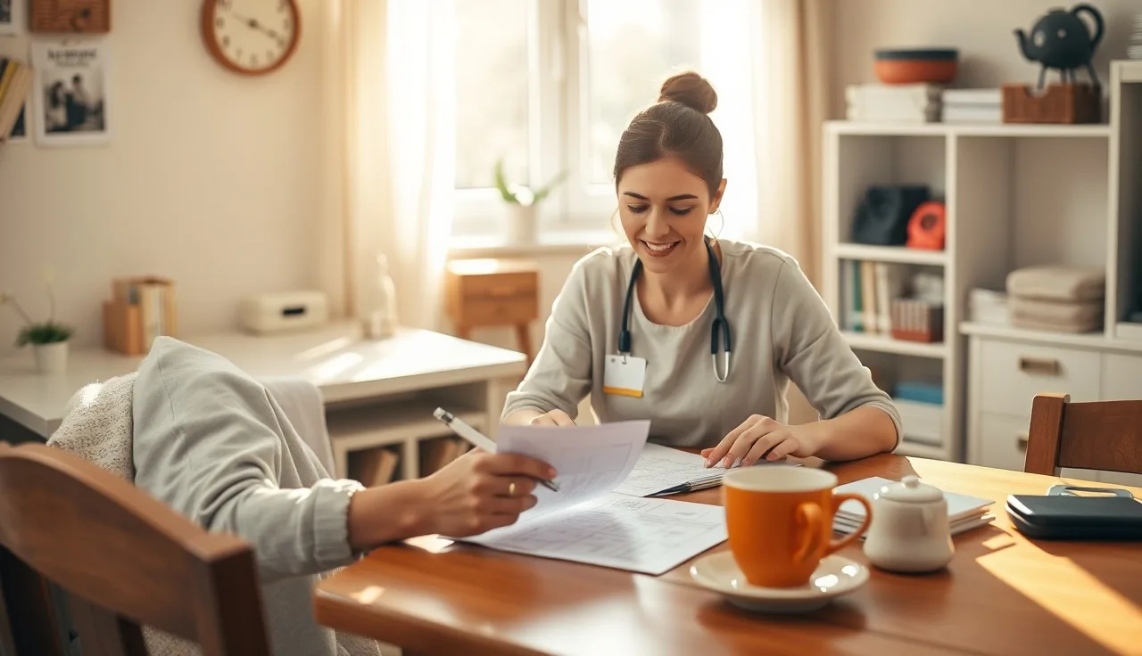 Childcare provider reviewing a daycare enrollment contract at a home office desk