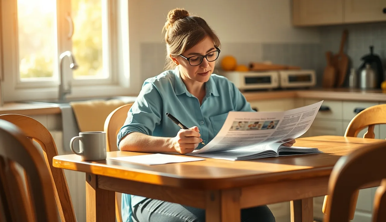 Daycare provider reviewing enrollment contract paperwork at a kitchen table