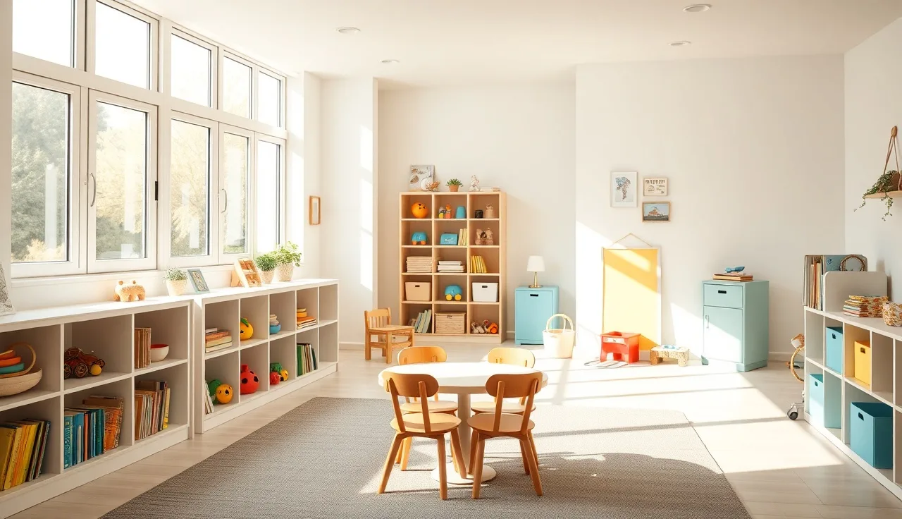 Organized family child care home playroom with toys and natural morning light