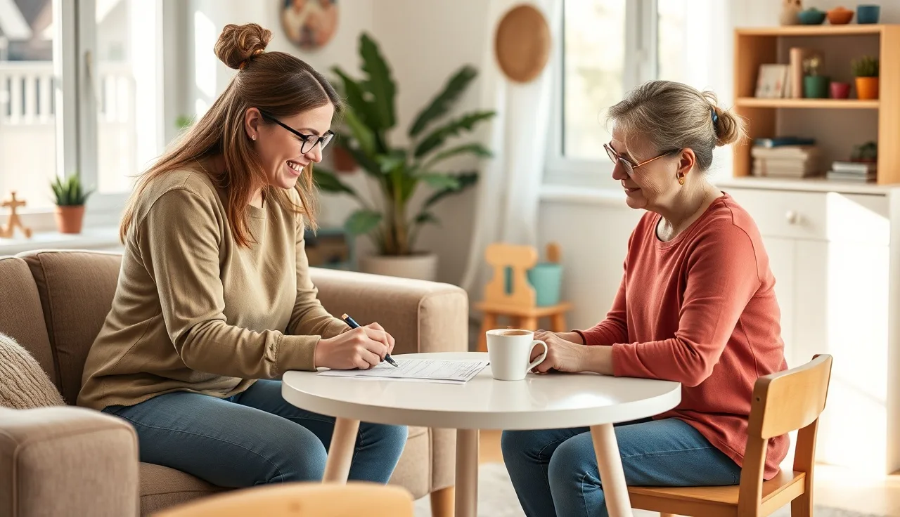 Daycare provider and parent reviewing a daycare contract together at a table